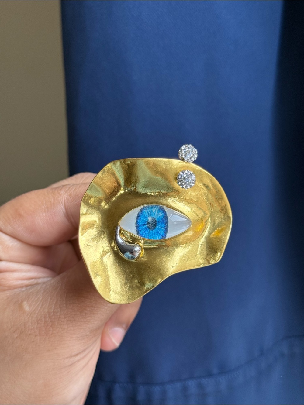 Schiaparelli Inspired Gold Tone Blue Eye Statement Ring
